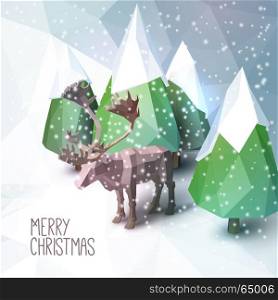 Low poly Christmas scene with reindeer and pines - Christmas Greeting Card