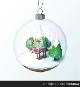 Low poly Christmas scene with reindeer and pines inside a glass ornament - Christmas Greeting Card