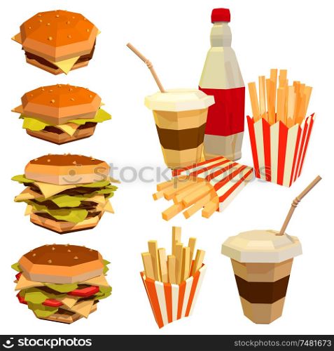 Low poly fast food on a white background. Set of fast food restaurant products. Hamburger, cola, coffee, french fries. Stock vector illustration