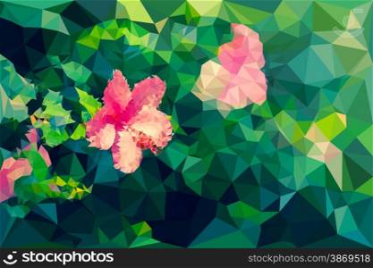 Low poly geometric of hibiscus flower on green background, Vector illustration triangular style