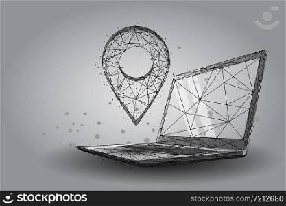 Low poly GPS pin on pc laptop screen. Abstract notebook wireframe traveling vector illustration. Maps and navigator services.