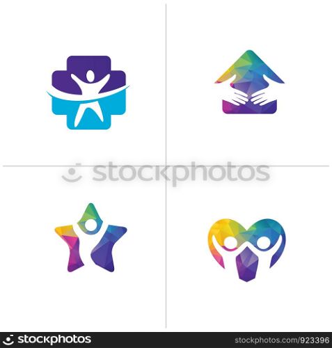 Low poly Happy home logo designs. Happy family, Health and care icons, Low poly happy kids in star and heart vector