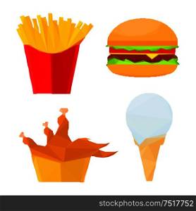 Low poly stylized geometric cheeseburger with fresh vegetables, deep fried chicken and french fries in paper cups, melted vanilla ice cream cone icons. Great for fast food restaurant menu or interior design. Polygonal fast food dishes with ice cream dessert