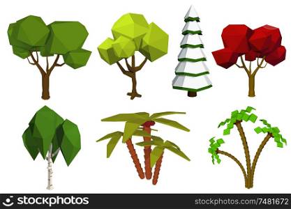 Low poly trees. Vector set of trees in the style of low poli. Birch, spruce, oak, palm. Stock vector illustration