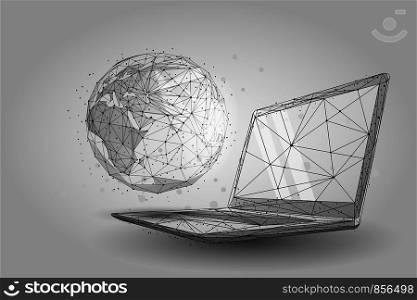 Low poly wireframe Global World. Planet Earth on laptop screen. Vector 3d low poly wireframe on the starry sky, consisting of points, lines, and shapes in the form of stars.