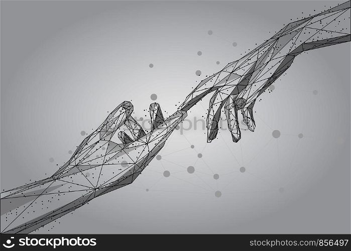 Low poly wireframe human hands touching with fingers from lines, triangles and particles. Polygonal low poly 3D vector Illustration