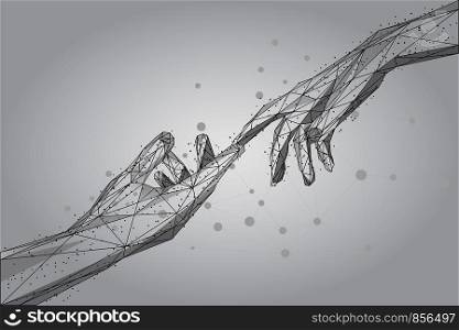 Low poly wireframe human hands touching with fingers from lines, triangles and particles. Polygonal low poly 3D vector Illustration