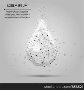 Low poly wireframe water drop with dots and stars. Fresh aqua or liquid, eco nature vector illustration