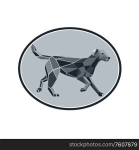 Low polygon art style illustration of a black labrador retriever, a medium-large breed of retriever-gun dog standing viewed from side set in oval on isolated white background.. Black Labrador Standing Low Polygon Oval