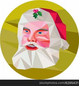 Low polygon illustration of santa claus saint nicholas father christmas with holly in hat set inside circle on isolated background.. Santa Claus Father Christmas Low Polygon