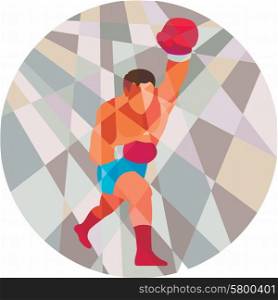 Low polygon style illustration of a boxer boxing jabbing punching viewed from front set inside circle . . Boxer Boxing Punching Circle Low Polygon