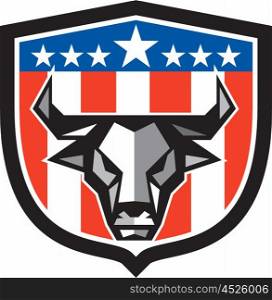 Low polygon style illustration of a bull cow head facing front set inside shield crest with usa american stars and stripes flag in the background. . Bull Cow Head USA Flag Crest Low Polygon