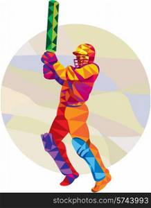 Low polygon style illustration of a cricket player batsman with bat batting set inside circle.. Cricket Player Batsman Batting Low Polygon
