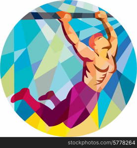 Low polygon style illustration of a crossfit athlete body weight exercise pull up hanging on bar muscle up facing side inside circle.. Crossfit Pull Up Bar Circle Low Polygon