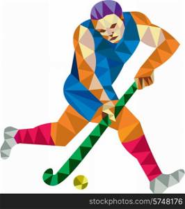 Low polygon style illustration of a field hockey player running with stick striking ball viewed from side set on isolated white background. . Field Hockey Player Running With Stick Low Polygon