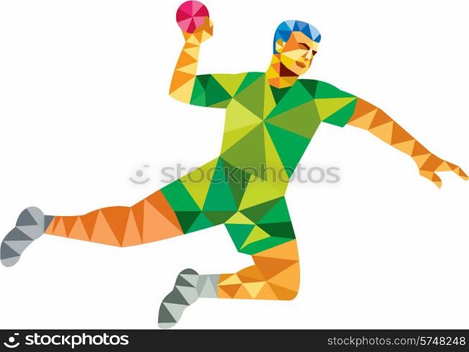 Low polygon style illustration of a handball player jumping throwing ball scoring set on isolated white background done in retro style.. Handball Player Jumping Throwing Ball Low Polygon