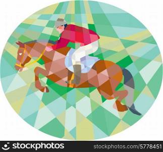 Low polygon style illustration of a horse and jockey equestrian show jumping viewed from side set inside oval.. Equestrian Show Jumping Oval Low Polygon