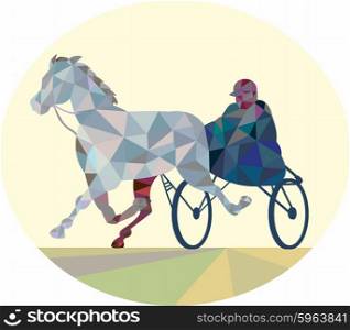 Low polygon style illustration of a horse and jockey harness racing viewed from the front set on isolated white background.. Horse and Jockey Harness Racing Low Polygon