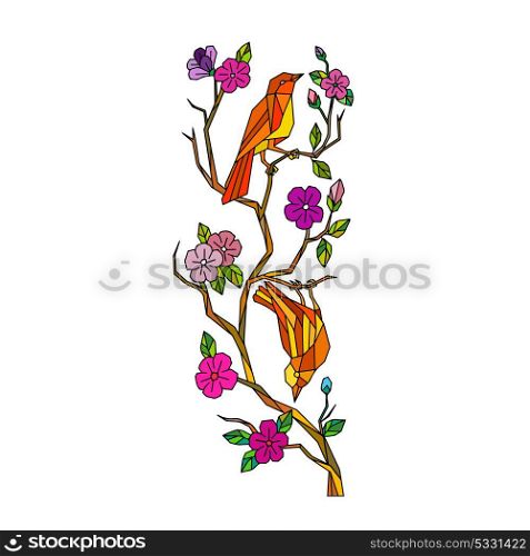 Low polygon style illustration of a Japanese white-eye bird perching on cherry blossom or sakura tree branch on isolated background.. Bird on Cherry Blossom Low Polygon