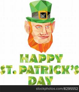 Low polygon style illustration of a leprechaun head set on isolated white background with the words Happy St. Patrick&rsquo;s Day below image.