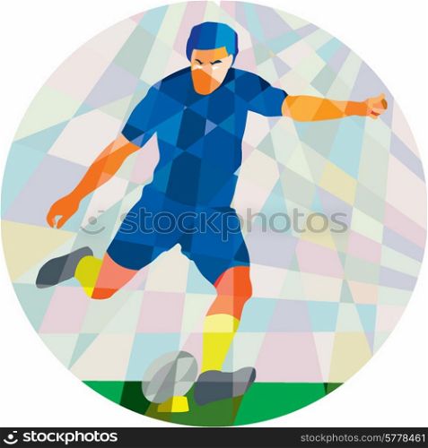 Low polygon style illustration of a rugby player kicking ball front view set inside circle on isolated background.. Rugby Player Kicking Ball Circle Low Polygon