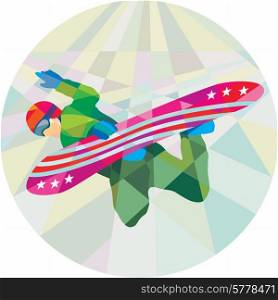 Low polygon style illustration of a snowboarder snowboarding spin jumping on snowboard set inside circle. . Snowboarder Snowboard Jumping Low Polygon