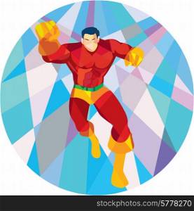 Low polygon style illustration of a superhero running punching viewed from front set inside circle.. Superhero Running Punching Low Polygon
