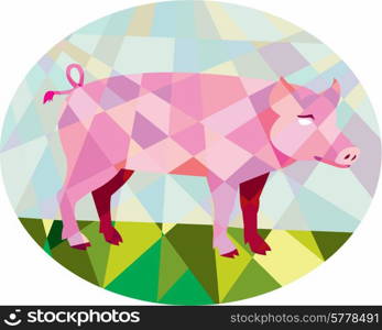 Low polygon style illustration of a tamworth pig standing viewed from the side set inside oval. . Tamworth Pig Side Oval Low Polygon