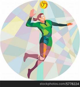 Low polygon style illustration of a volleyball player spiker jumping spiking hitting ball viewed from the side set inside circle on isolated background.. Volleyball Player Spiking Ball Jumping Low Polygon