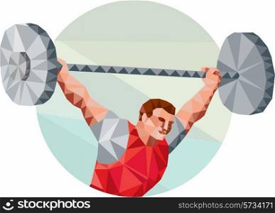 Low Polygon style illustration of a weightlifter lifting barbell facing side set inside circle shape on isolated background . Weightlifter Lifting Barbell Circle Low Polygon