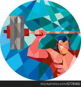 Low polygon style illustration of a weightlifter snatching grabbing lifting barbell with facing front set inside circle shape.. Weightlifter Snatch Grab Lifting Barbell Low Polygon