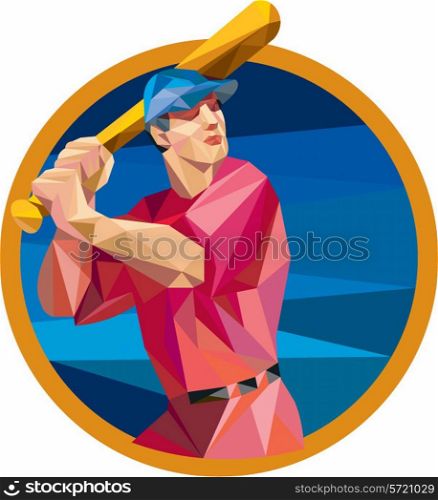 Low polygon style illustration of an american baseball player batter hitter holding bat batting set inside circle on isolated background.. Baseball Batter Batting Bat Circle Low Polygon