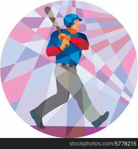 Low polygon style illustration of an american baseball player batter hitter holding bat batting viewed from the side set inside circle.. Baseball Batter Hitter Batting Low Polygon