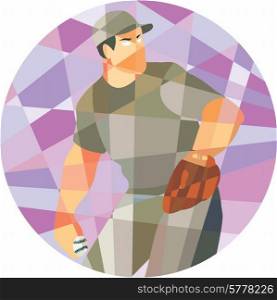 Low polygon style illustration of an american baseball player pitcher outfielder throwing ball set inside circle.. American Baseball Pitcher Throwing Ball Low Polygon