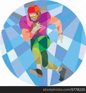 Low polygon style illustration of an american football gridiron player holding ball running rushing viewed from front set inside circle.. American Football Player Running Low Polygon