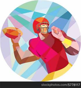 Low polygon style illustration of an american football gridiron quarterback player holding ball throwing facing side set inside circle.. American Football Quarterback QB Low Polygon