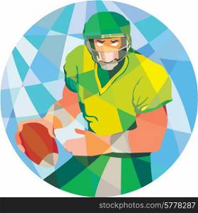 Low polygon style illustration of an american football gridiron quarterback player holding passing ball facing front set inside circle.. American Football Quarterback Passing Low Polygon