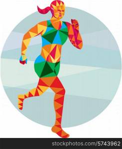 Low polygon style illustration of female marathon triathlete runner running facing front set inside circle on isolated background.. Female Triathlete Marathon Runner Low Polygon