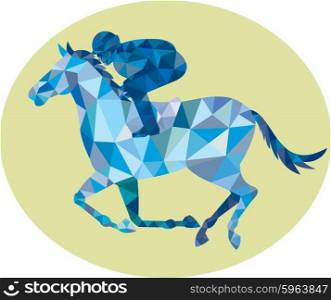 Low Polygon style illustration of horse and jockey racing viewed from the side set inside oval shape on isolated background.. Jockey Horse Racing Oval Low Polygon
