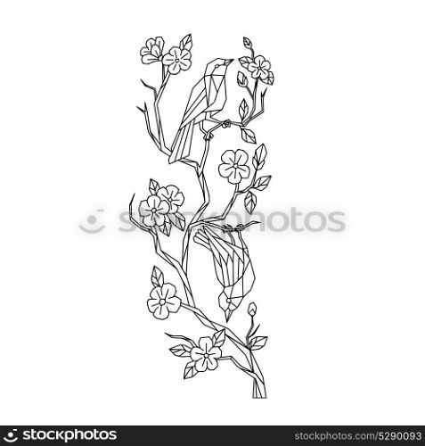 Low polygon style illustration of Japanese white-eye birds on branch of sakura cherry blossoms tree on isolated background done in black and white.. Birds on Branch of Sakura Cherry Blossoms Low Poly