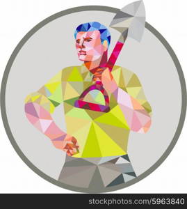 Low polygon style illustration of male gardener landscaper horticulturist holding shovel spade on shoulder hand on hips facing front done set inside circle. . Gardener Landscaper Shovel Circle Low Polygon