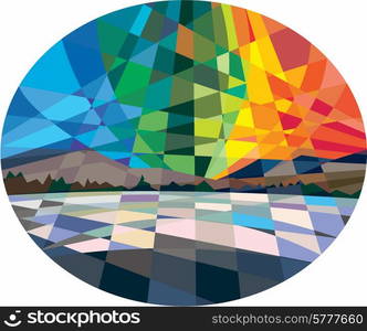 Low polygon style illustration of Northern lights or Aurora Borealis, a natural light display in the sky predominantly seen in the Arctic regions set inside oval shape.