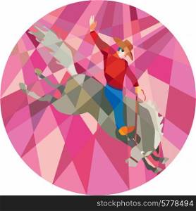 Low polygon style illustration of rodeo cowboy riding bucking horse bronco viewed from the side set inside circle on isolated background.