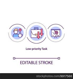Low priority task concept icon. Not important things to do during your work day. Scheduling tasks idea thin line illustration. Vector isolated outline RGB color drawing. Editable stroke. Low priority task concept icon
