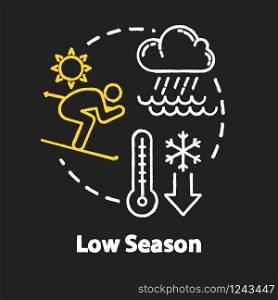 Low season chalk RGB color concept icon. Traveling out of season idea. Affordable tourism opportunity, tourist trip discounts. Vector isolated chalkboard illustration on black background
