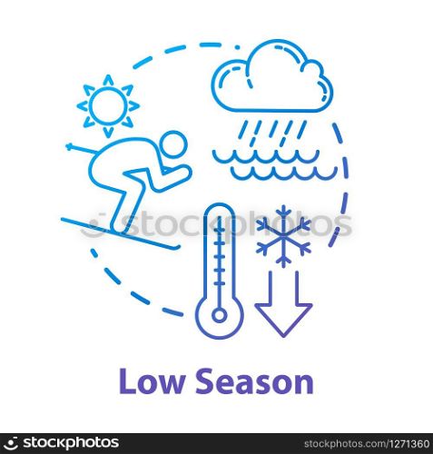 Low season concept icon. Traveling out of season, budget vacation idea thin line illustration. Affordable tourism opportunity, tourist trip discounts. Vector isolated outline RGB color drawing