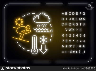 Low season neon light concept icon. Traveling out of season, money saving tourism idea. Outer glowing sign with alphabet, numbers and symbols. Vector isolated RGB color illustration