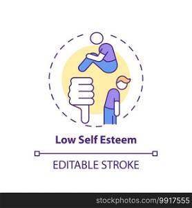 Low self esteem concept icon. Procrastination effect idea thin line illustration. Feeling badly about oneself. Confidence lacking. Vector isolated outline RGB color drawing. Editable stroke. Low self esteem concept icon