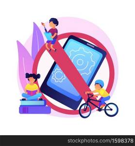 Low tech parenting abstract concept vector illustration. Low tech school, tech-free kids, media limitation, unplugger, gadget-free parenting, anti technology, no screen time abstract metaphor.. Low tech parenting abstract concept vector illustration.