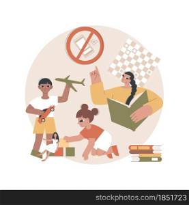 Low tech parenting abstract concept vector illustration. Low tech school, tech-free kids, media limitation, unplugger, gadget-free parenting, anti technology, no screen time abstract metaphor.. Low tech parenting abstract concept vector illustration.